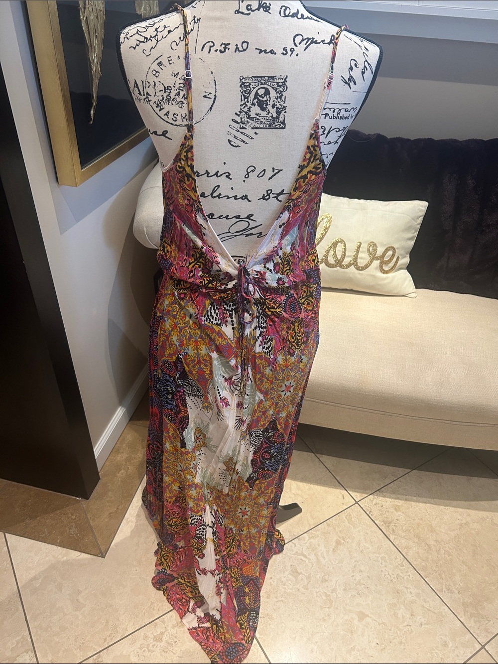 Free People White Maxi Dress with Pink, Yellow & Green Floral Print Slip Incl - Picture 4 of 5